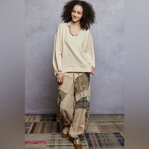 POL Balloon Sleeve Oversized Ribbed Top with Floral Pattern Contrast🆕